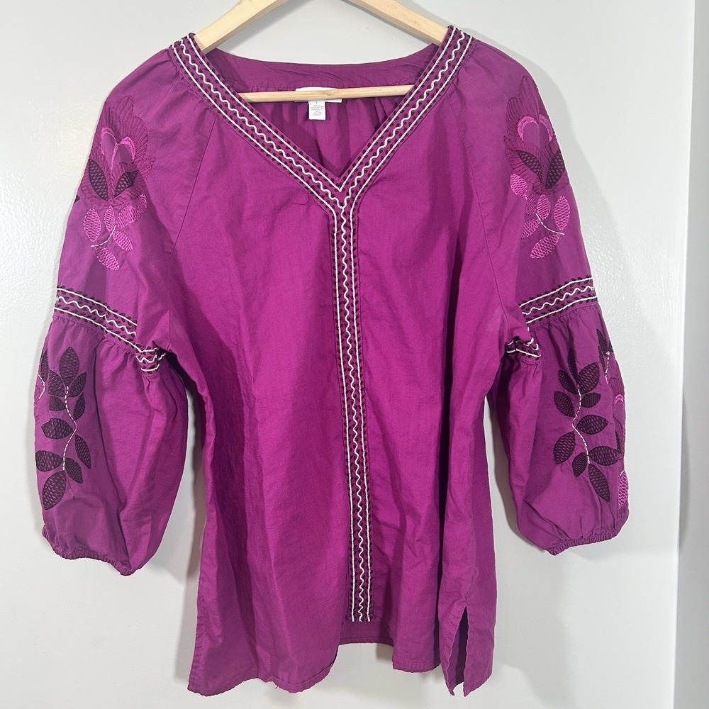 Charter Club Blouse Women's Large Embroidered Barbie Pink Boho